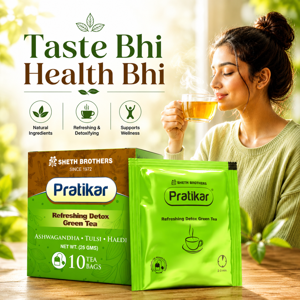 Sheth Brothers Ayurvedic Pratikar Detox Green Tea offering a refreshing and soothing wellness experience in every sip.