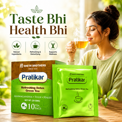 Sheth Brothers Ayurvedic Pratikar Detox Green Tea offering a refreshing and soothing wellness experience in every sip.