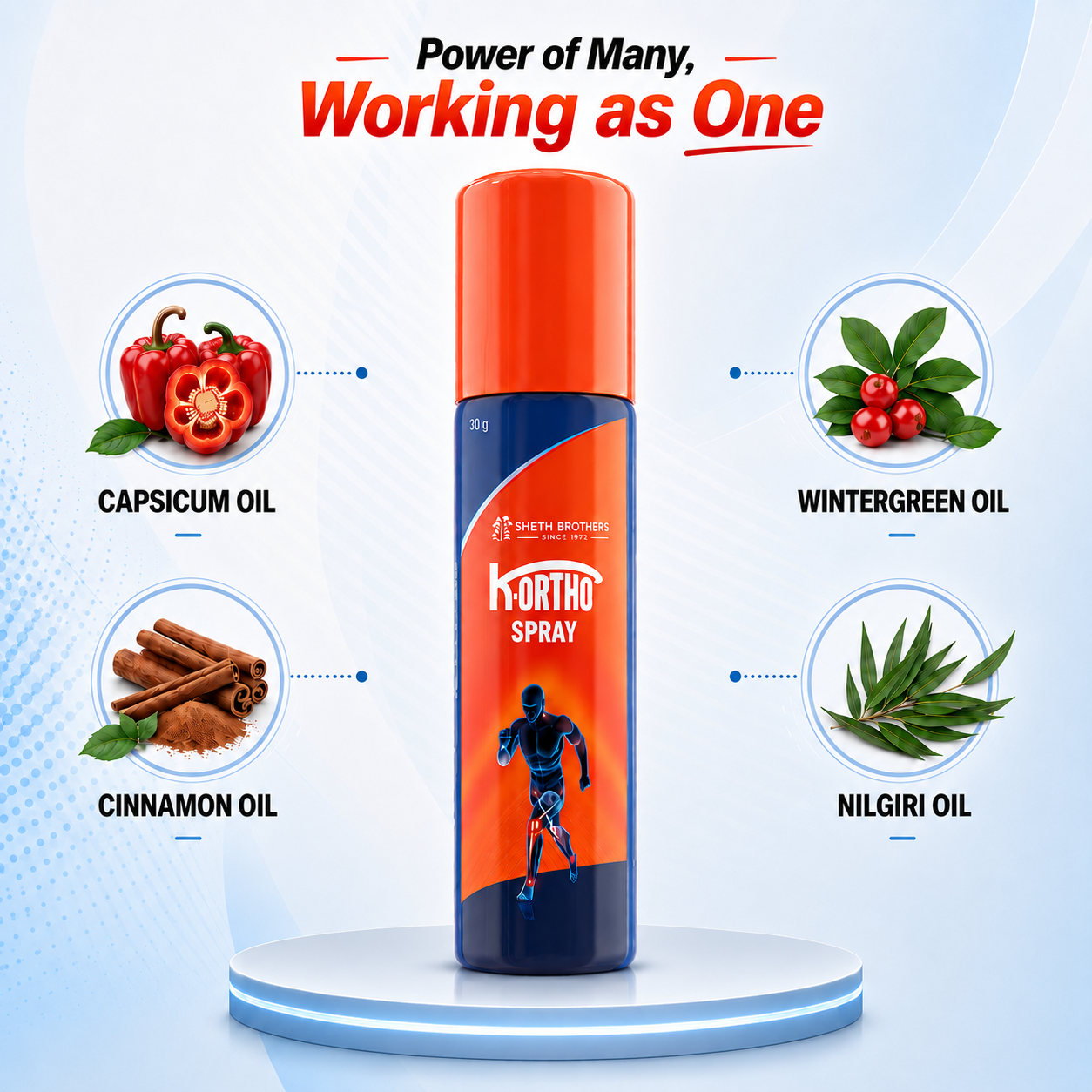 Sheth Brothers K-Ortho Spray made of ayurvedic ingredients like capsicum oil, wintergreen oil, cinnamon oil and nilgiri oil for fast relief in joint and muscle pain.