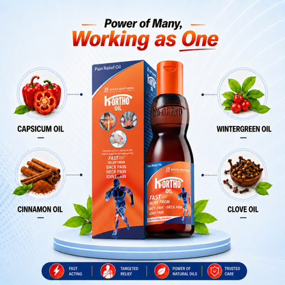 Sheth Brothers Ayurvedic K-Ortho Oil with 23 carefully selected herbal extracts and natural oils.
