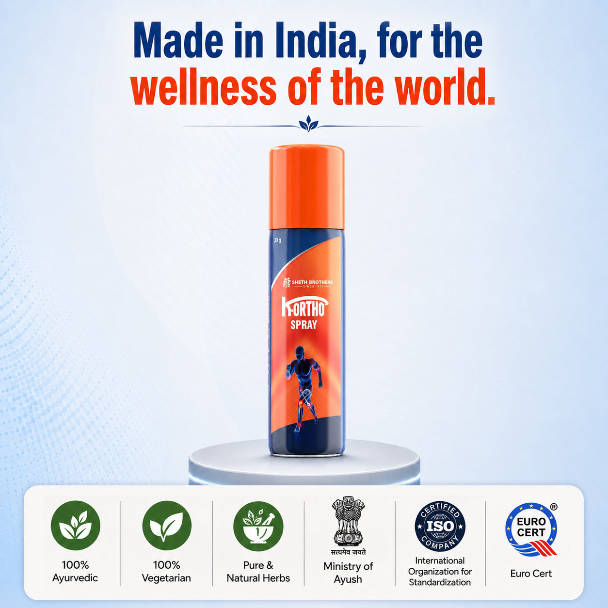 Sheth Brothers K-Ortho Spray an Ayurvedic pain relief spray enriched with powerful herbal extracts and essential oils.