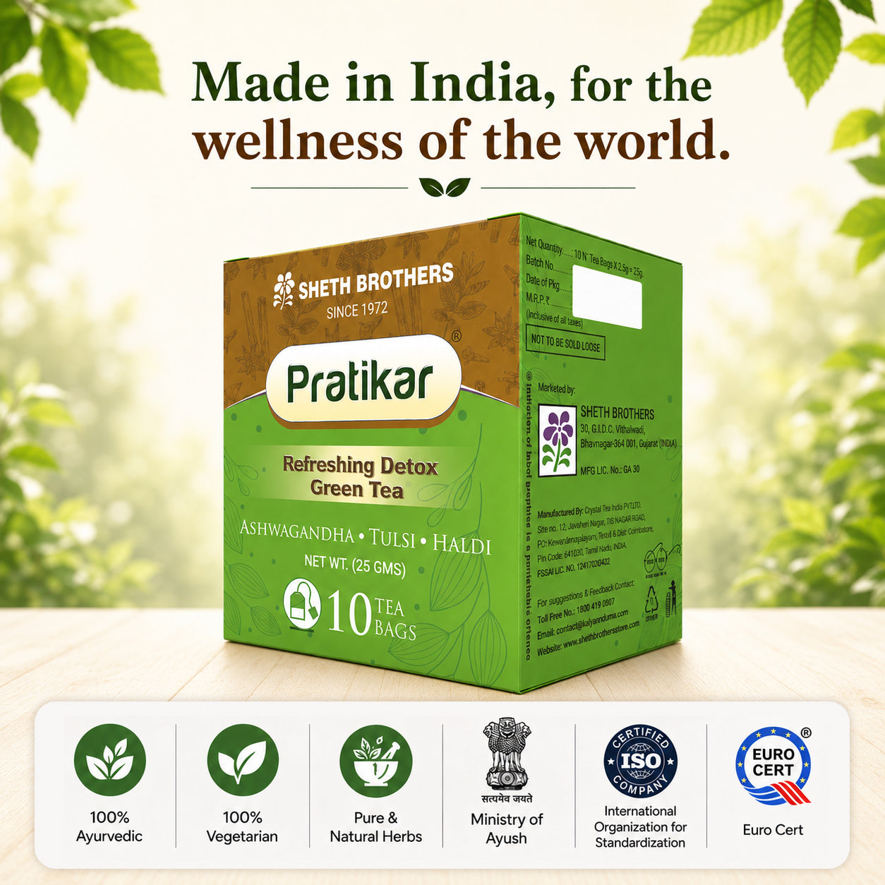 Sheth Brothers Ayurvedic Pratikar Detox Green Tea which supports healthy digestion, metabolism, immunity and the body's natural detoxification process.