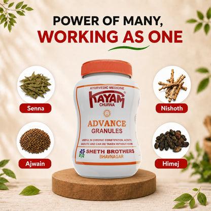 Sheth Brothers Kayam Churna Advance Granules made of ayurvedic ingredients like Senna, Ajwain, Nishoth and himej to cure constipation.