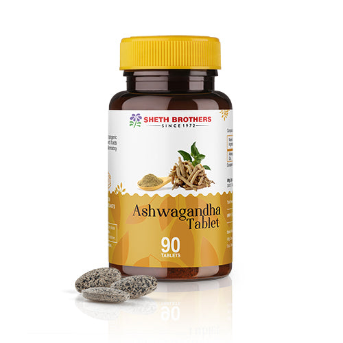 Sheth Brothers Ashwagandha Tablets for manging stress and improving focus.