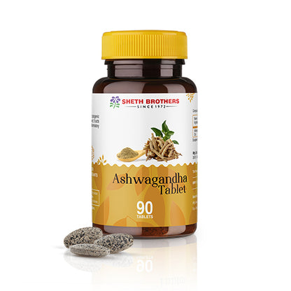 Sheth Brothers Ashwagandha Tablets for manging stress and improving focus.