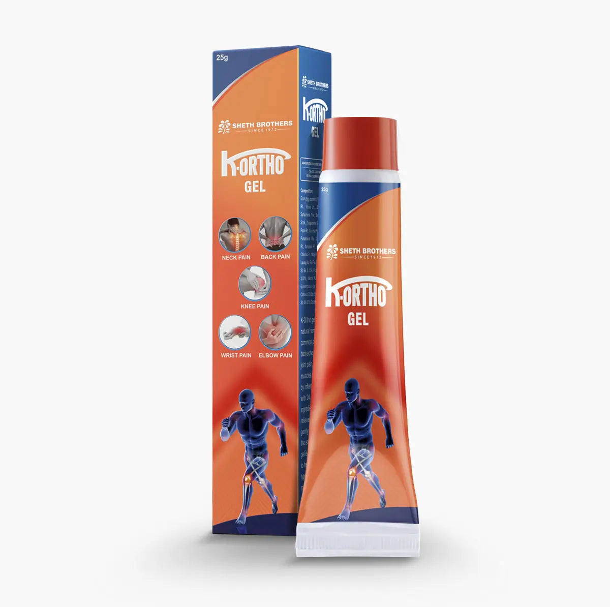 Sheth Brothers fast absorbing K-Ortho Gel for neck pain, back pain, knee pain, wrist pain and elbow pain.