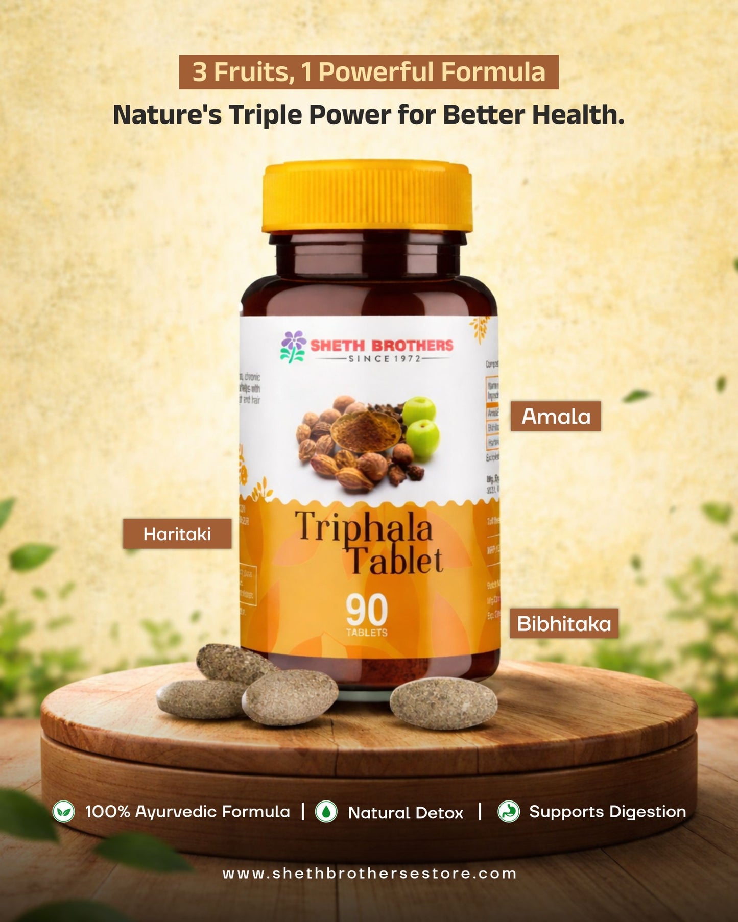 Sheth Brothers Triphala Tablets a combination of 3 fruits called Amla (Amalaki), Haritaki, and Bibhitaki.